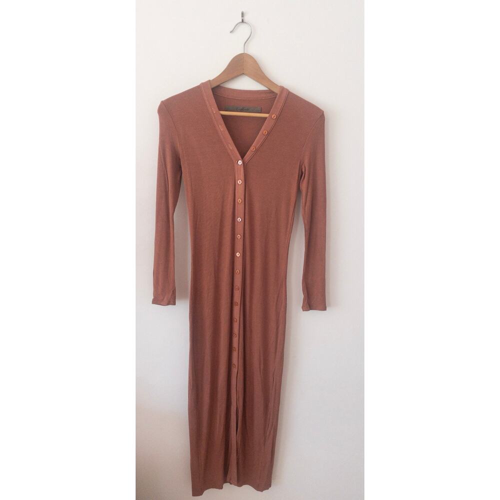 Enza Costa Silk Rib Cardigan Midi Dress in Adobe Brown Size Small